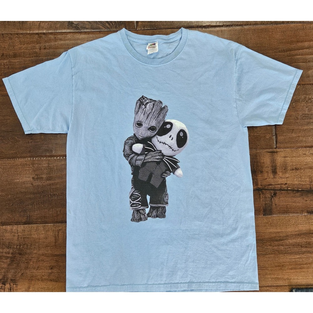Whimsical WoodlandGroot Hugging Jack Skellington Graphic T-Shirt Blue L